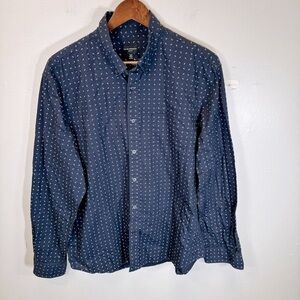 Club Monaco mens 100%cotton slim fit button-down shirt dark navy blue print XL